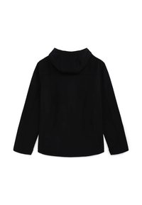 Giacca nera con cappuccio e maniche lunghe, caratterizzata da una texture liscia e un design semplice, senza loghi o motivi visibili sul retro.