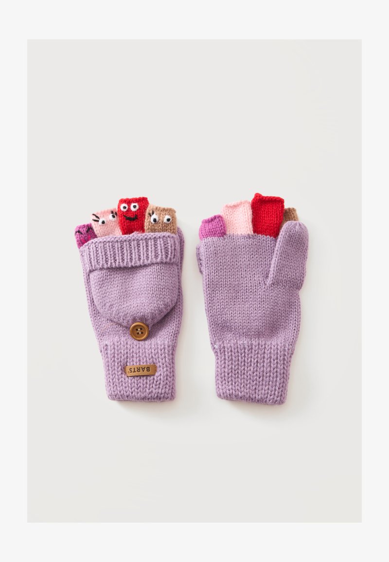 Paire de mitaines tricotées lavande convertibles avec des marionnettes à doigts colorées présentant des visages souriants sur un fond blanc uni.