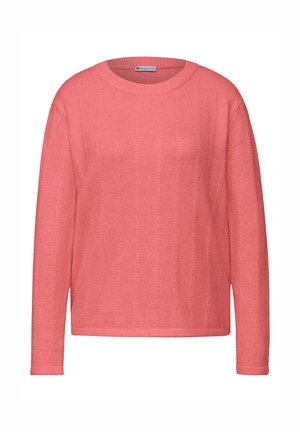 Korálově růžový svetr s žebrovanou strukturou, kulatým výstřihem a dlouhými rukávy. Jednoduchý design bez dalších vzorů či ozdob.
