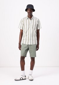 Chemise à manches courtes, rayée vert clair et blanche, associée à un short vert et un chapeau seau noir. Baskets blanches avec des accents gris.