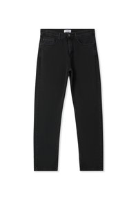 Jeans in denim nero con taglio dritto, caratterizzati da due tasche frontali, una tasca posteriore e chiusura con bottone. Tessuto liscio e senza motivi visibili.