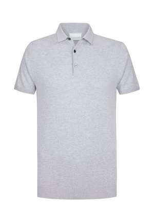 Polo de manga corta gris hecho de algodón. Cuenta con cuello, tapeta de tres botones y puños acanalados. Diseño limpio sin patrones.
