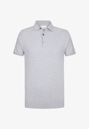 Polo de manga corta gris hecho de algodón. Cuenta con cuello, tapeta de tres botones y puños acanalados. Diseño limpio sin patrones.