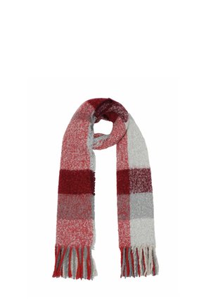 Red and gray plaid scarf made from soft, textured fabric, featuring fringed edges and alternating color blocks of varying shades.
