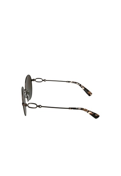 Ronde zwarte zonnebrillen met slanke metalen monturen, voorzien van een grijs glas en kenmerkende pootjes met schildpadpatroon.