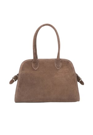Brown suede handbag with a structured rectangular shape, smooth texture, two top handles, and a side strap attachment.