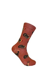 Calcetines marrones con un diseño repetido de pavo y un tenedor. El material parece suave con un puño acanalado en la parte superior.
