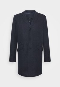 Tmavě šedý kabát z vlněné směsi s jednoradovým designem, klopovými límci, třemi knoflíky, dvěma předními kapsami a rovný střih.