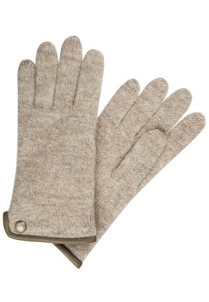 Brown knit gloves with a textured finish, featuring a smooth brown cuff and a decorative button accent.