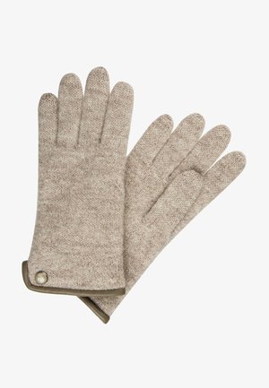 Brown knit gloves with a textured finish, featuring a smooth brown cuff and a decorative button accent.