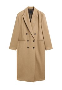 Doppelreiher langer Mantel in Camel-Farbe, aus weichem Stoff gefertigt. Verfügt über aufgeschlagene Revers, zwei seitliche Taschen und sechs schwarze Knöpfe auf der Vorderseite.