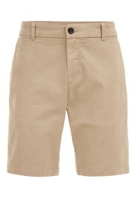 Beige cotton shorts with a button closure, flat front design, and turn-up hem. Features two side pockets and a smooth texture.