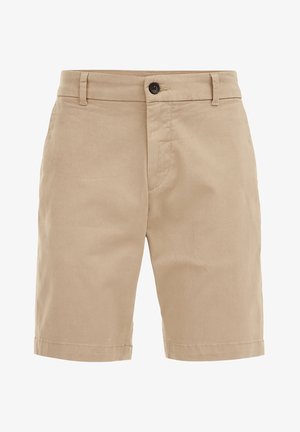 Beige Baumwollshorts mit Knopfverschluss, flachem Vorderteil und umgeschlagenem Saum. Verfügt über zwei Seitentaschen und eine glatte Textur.