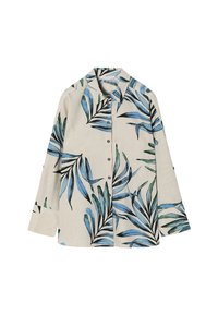 Letvægts beige skjorte med et grønt og blåt bladmønster, krave og knaplukning, lange ærmer med mulighed for opkrølning.