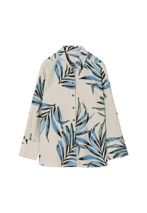 Cămașă ușoară de culoare bej, cu un model de frunze verde și albastru, cu guler și închidere cu nasturi, mâneci lungi care pot fi rulate.