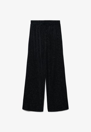 Schwarze Culottes aus weichem Stoff, mit einer strukturierten Oberfläche und einem subtilen gepunkteten Muster, sowie einem elastischen Bund für zusätzlichen Komfort.