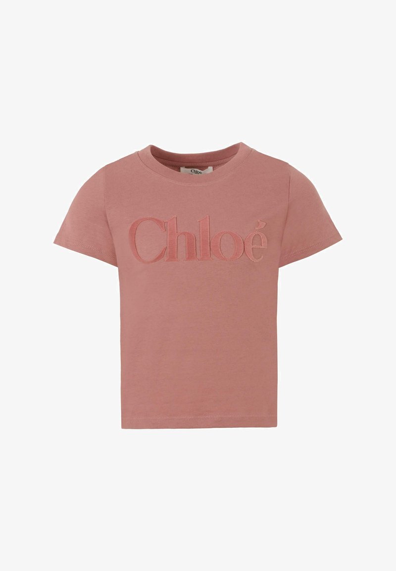 Jasnoróżowa koszulka z krótkim rękawem, z haftowanym logo "Chloé" w dopasowanym kolorze, wykonana z miękkiego materiału bawełnianego.