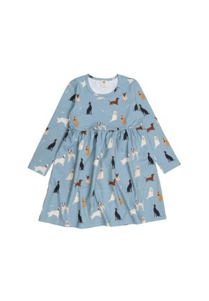 Robe bleue à manches longues pour enfant avec un col rond, décorée de différentes races de chiens et de petits motifs d'os partout.