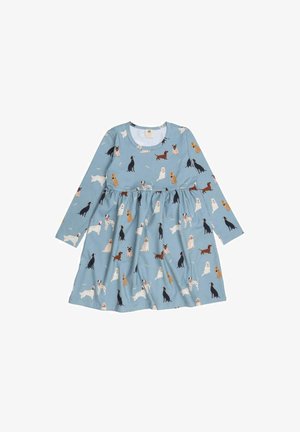 Robe bleue à manches longues pour enfant avec un col rond, décorée de différentes races de chiens et de petits motifs d'os partout.