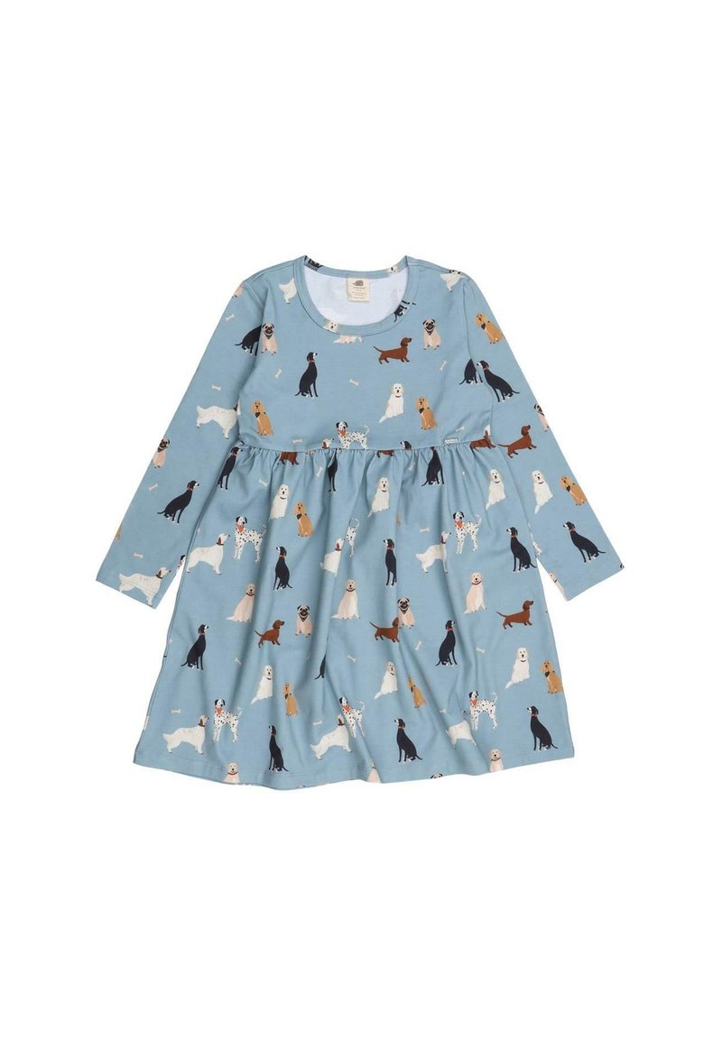 Robe bleue à manches longues pour enfant avec un col rond, décorée de différentes races de chiens et de petits motifs d'os partout.