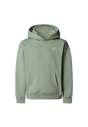 Světle zelená mikina s kapucí z měkké látky. Má kapsu kangaroo, žebrované manžety a logo "The North Face" ve světle fialové barvě na hrudi.