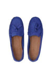 Blaue Wildleder-Slipper mit gesticktem Design und Quastenakzenten an der Vorderseite, ausgestattet mit einer glatten braunen Lederinnensohle.