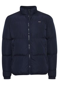 Marineblaue Steppjacke mit hohem Kragen, Reißverschluss und elastischen Bündchen. Verfügt über horizontale Steppnähte und Seitentaschen.