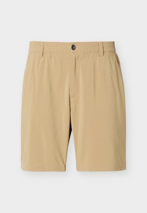 Beige knee-length shorts with elastic waistband, front button, belt loops, and side pockets on a white background.