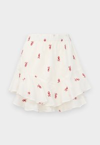 Falda blanca de capas con bordado floral rojo, cintura elástica y dobladillo con volantes. Confeccionada en una tela ligera, que garantiza comodidad y transpirabilidad.