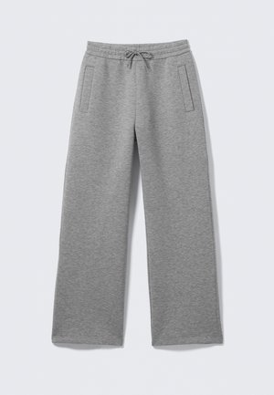 Gray wide-leg sweatpants with elastic waistband and drawstring, featuring two side slit pockets on a light background.