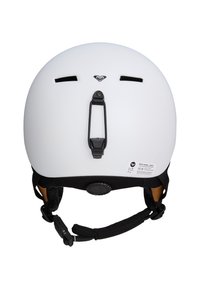 Casque blanc avec une finition mate lisse, sangle noire ajustable, fentes de ventilation et boucle à l'arrière. Comprend une étiquette du fabricant sur le côté.