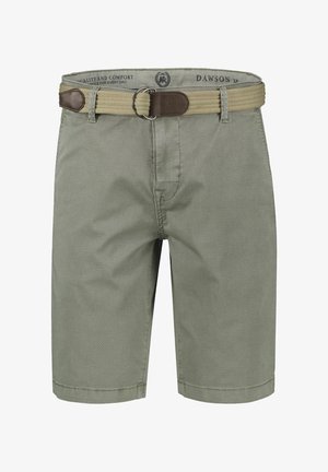 Hellgraue Freizeithosen mit gewebtem beigem Gürtel, der braune Lederakzente und eine doppelte Metallschnalle aufweist.