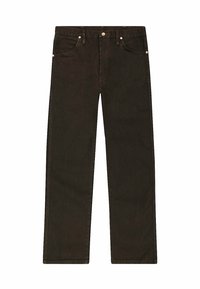 Jean en denim marron foncé avec une coupe droite, comportant cinq poches, des accessoires en métal et des détails cousus le long des coutures.
