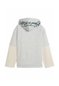 Felpa con cappuccio dal corpo grigio, maniche crema e lettering verde sul cappuccio. Tessuto morbido con una vestibilità comoda e design moderno.