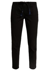 Pantalon noir avec taille à cordon, doté d'un design tressé et de pompons bleus. Confectionné dans un tissu lisse avec une coupe droite.