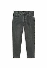 Dark gray denim jeans with a relaxed fit, five pockets, belt loops, and subtle fading on the fabric. No visible embellishments.