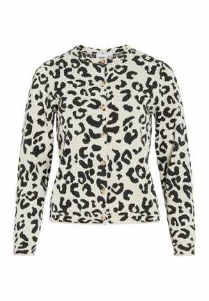 Cardigan à manches longues avec boutonnage, motif léopard noir et blanc, encolure ronde et boutons en bois sur le devant.