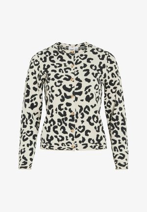 Langarm vest met knopen, bedrukt met een zwart-wit luipaardmotief, ronde halslijn en houten knopen aan de voorkant.