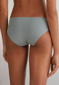 Lichtgrijze bikini slipjes gemaakt van een gladde stof, met een middelhoge taille en subtiele naadloze randen in een klassieke snit.