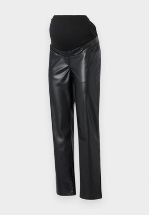 Melnas mākslīgās ādas grūtnieču bikses ar elastīgu melnu jostu, kurām ir piegrieztas formas un neitrāla vienkrāsaina krāsa.