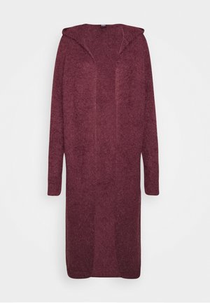 Long, burgundy cardigan with a hood. Made of soft, textured fabric. Features open front, long sleeves, and a relaxed silhouette.