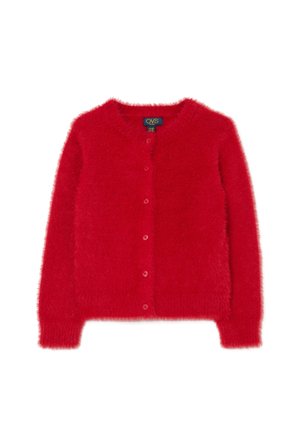 Cárdigan de punto rojo y suave con mangas largas, cuello redondo y botones delanteros, etiquetado como OVS Kids talla 7-8 años.