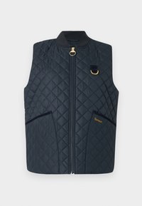 Colete acolchoado em azul-marinho com fecho de correr, gola redonda, dois bolsos laterais, ferragens douradas e um acabamento em contraste. Apresenta um pequeno detalhe de logotipo.