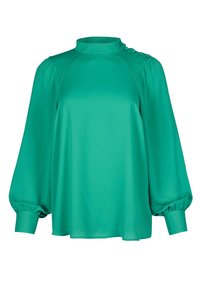 Green, long-sleeved blouse with a high neckline, featuring puffy sleeves and button detailing on the shoulder. Smooth, synthetic fabric.