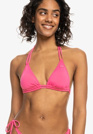 Ružový bikiny top s trojuholníkovým dizajnom, nariasenými detailmi a tenkými nastaviteľnými ramienkami. Vyrobený z hladkého, elastického materiálu.