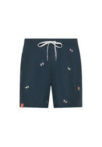 Pantaloni da nuoto navy realizzati in tessuto leggero, caratterizzati da un ricamo colorato di sushi, una cintura elasticizzata con cordoncino e tasche laterali.
