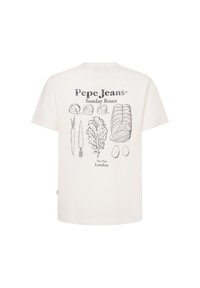 Kremo spalvos marškinėliai su maisto produktų grafika ir užrašais: "Pepe Jeans Sunday Roast" ir "The Pub London." Kasdienis pritaikymas.
