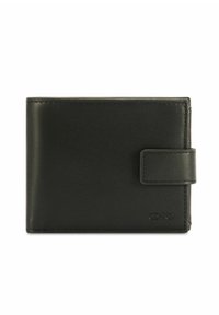 Czarny skórzany portfel dwuczęściowy z zapięciem na zatrzask i wytłoczonym logo marki w prawym dolnym rogu, widok z przodu na białym tle.