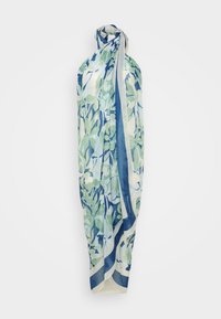 Bufanda ligera con un patrón floral en tonos de verde y azul, bordeada con un ribete azul sólido, textura semitransparente.