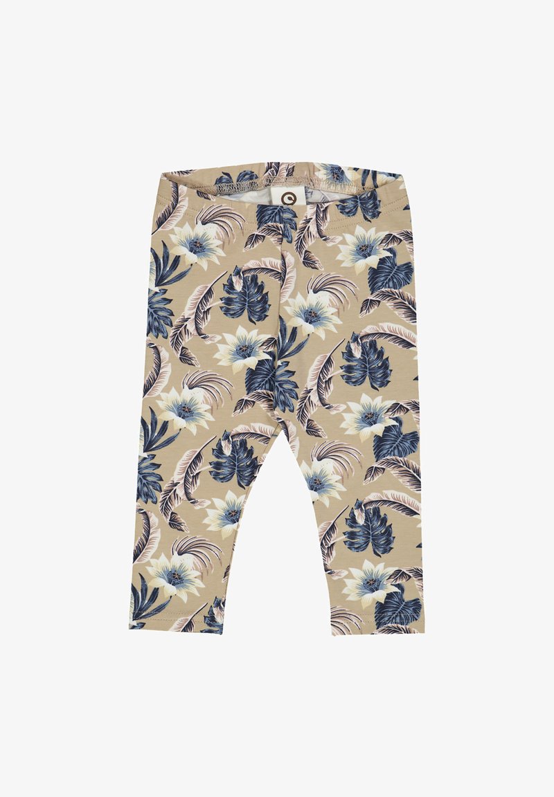 Beżowe legginsy z całkowitym wzorem kwiatowym i liściastym w niebieskim i kremowym kolorze. Wykonane z miękkiego materiału z elastycznym pasem.